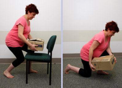 Pregnant lady lifting boxes safely